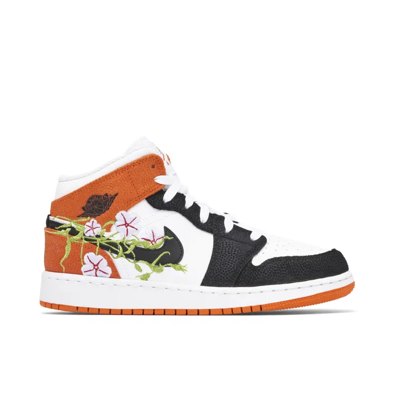 Air Jordan 1 Mid Floral Embroidery Black Orange (GS)